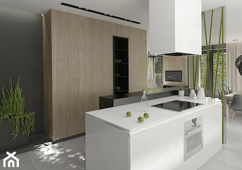 Średnia otwarta czarna z zabudowaną lodówką kuchnia dwurzędowa z wyspą lub półwyspem, styl minimalistyczny - zdjęcie od THE VIBE