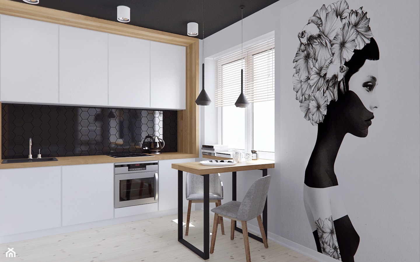 Mała z salonem biała czarna z podblatowym zlewozmywakiem kuchnia jednorzędowa, styl skandynawski - zdjęcie od Illa Design - Homebook