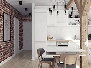 Mieszkanie na poddaszu - Duża otwarta z salonem biała szara z zabudowaną lodówką kuchnia w kształcie litery l, styl skandynawski - zdjęcie od Illa Design