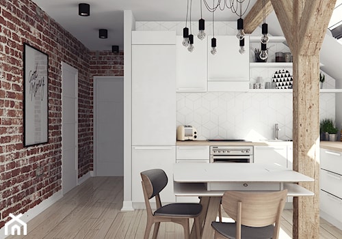 Mieszkanie na poddaszu - Duża otwarta z salonem biała szara z zabudowaną lodówką kuchnia w kształcie litery l, styl skandynawski - zdjęcie od Illa Design