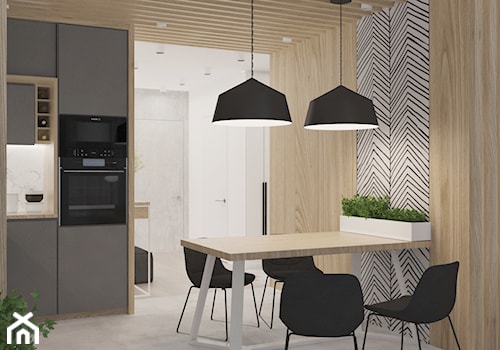 Mieszkanie nowoczesne, beton+drewno - Średnia otwarta biała z zabudowaną lodówką kuchnia jednorzędowa z wyspą lub półwyspem z marmurem nad blatem kuchennym, styl nowoczesny - zdjęcie od Illa Design