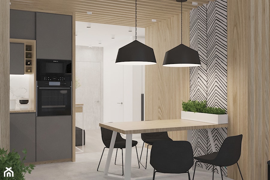 Mieszkanie nowoczesne, beton+drewno - Średnia otwarta biała z zabudowaną lodówką kuchnia jednorzędowa z wyspą lub półwyspem z marmurem nad blatem kuchennym, styl nowoczesny - zdjęcie od Illa Design