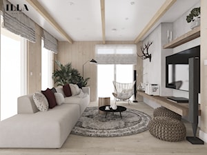 Projekt wnętrz drewnianego domu - Średni beżowy szary salon, styl rustykalny - zdjęcie od Illa Design