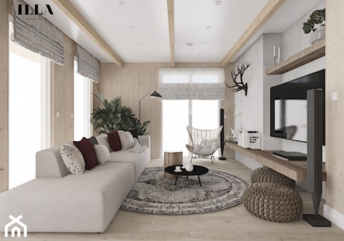Projekt wnętrz drewnianego domu - Średni beżowy szary salon, styl rustykalny - zdjęcie od Illa Design
