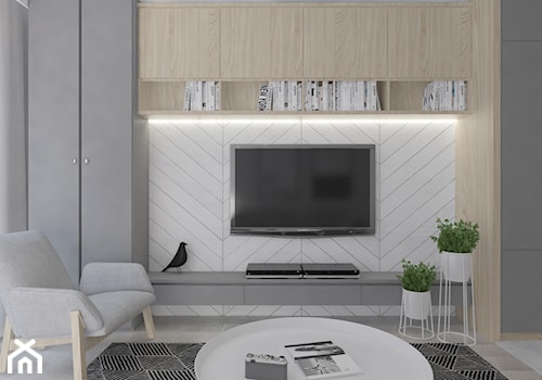 Mieszkanie nowoczesne, beton+drewno - Mały szary salon, styl skandynawski - zdjęcie od Illa Design