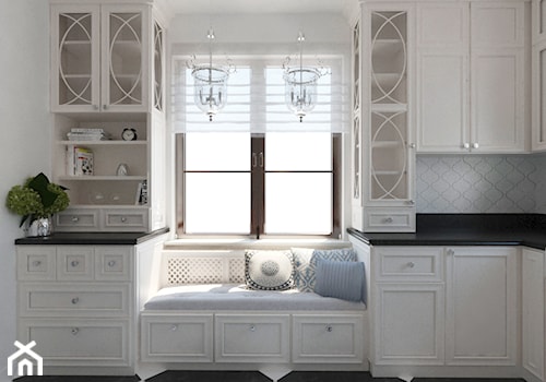 Kuchnia w stylu nowojorskim - Średnia biała z zabudowaną lodówką kuchnia w kształcie litery l z oknem, styl glamour - zdjęcie od Illa Design