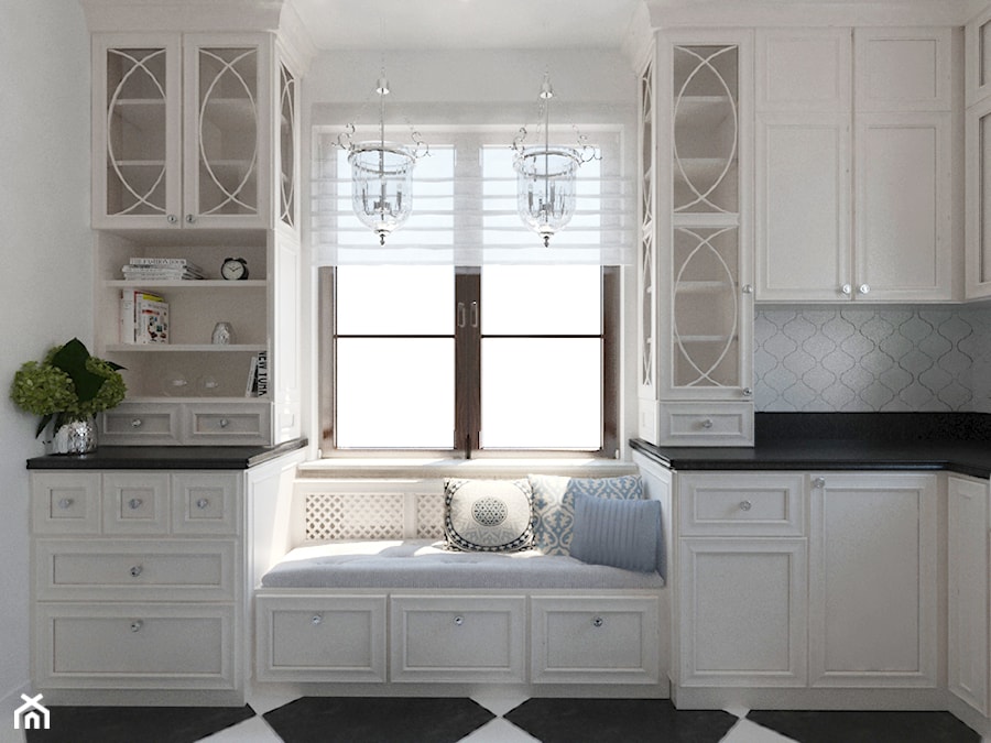 Kuchnia w stylu nowojorskim - Średnia biała z zabudowaną lodówką kuchnia w kształcie litery l z oknem, styl glamour - zdjęcie od Illa Design