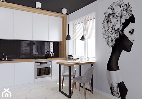 Mieszkanie z elementami drewna - Mała z salonem biała czarna z zabudowaną lodówką z podblatowym zlewozmywakiem kuchnia jednorzędowa z oknem - zdjęcie od Illa Design