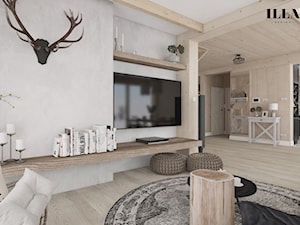 Projekt wnętrz drewnianego domu - Średni beżowy biały salon z kuchnią, styl rustykalny - zdjęcie od Illa Design