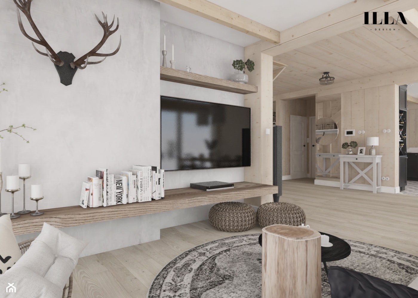 Projekt wnętrz drewnianego domu - Średni beżowy biały salon z kuchnią, styl rustykalny - zdjęcie od Illa Design - Homebook