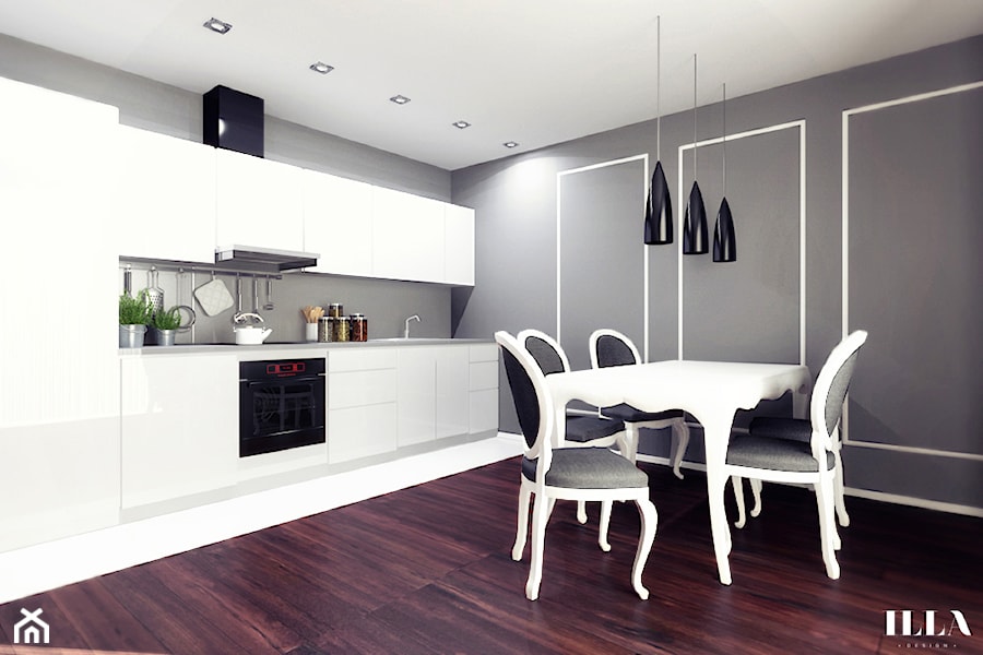 Eleganckie mieszkanie w Krakowie - Mała otwarta z salonem szara z zabudowaną lodówką kuchnia jednorzędowa - zdjęcie od Illa Design