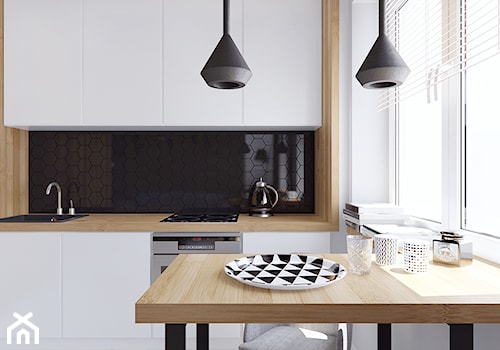 Mała otwarta zamknięta biała czarna z zabudowaną lodówką z nablatowym zlewozmywakiem kuchnia jednorzędowa, styl skandynawski - zdjęcie od Illa Design