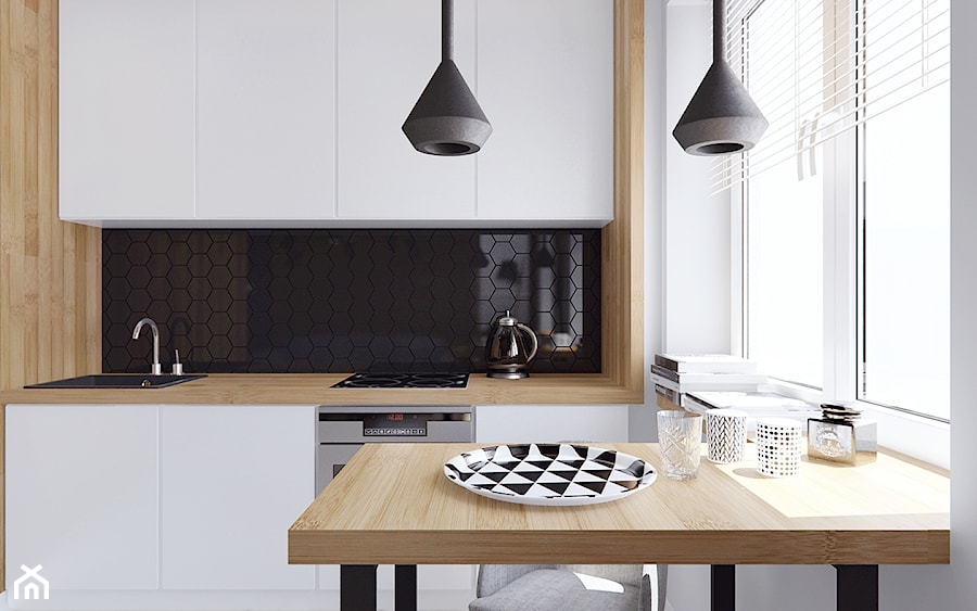 Mała otwarta zamknięta biała czarna z zabudowaną lodówką z nablatowym zlewozmywakiem kuchnia jednorzędowa, styl skandynawski - zdjęcie od Illa Design