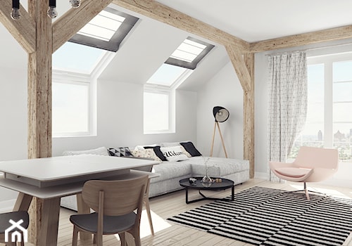 Mieszkanie na poddaszu - Średni biały salon z jadalnią, styl skandynawski - zdjęcie od Illa Design