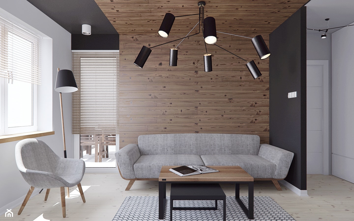 Mieszkanie z elementami drewna - Średni biały czarny salon, styl minimalistyczny - zdjęcie od Illa Design - Homebook