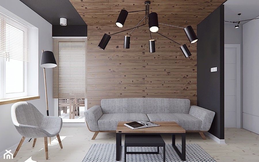 Mieszkanie z elementami drewna - Średni biały czarny salon, styl minimalistyczny - zdjęcie od Illa Design