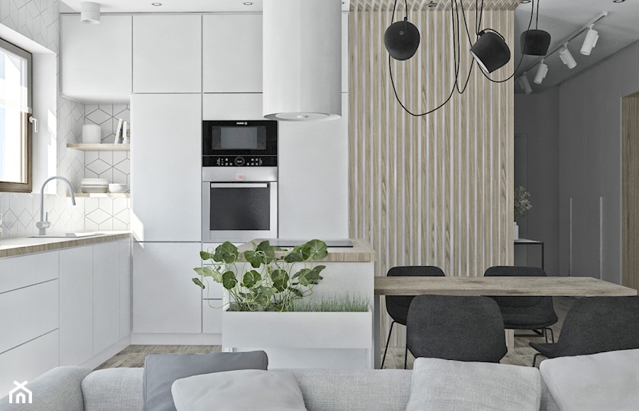 Mieszkanie w skandynawskim stylu - Średnia otwarta z salonem biała szara z zabudowaną lodówką z nablatowym zlewozmywakiem kuchnia w kształcie litery u z oknem, styl skandynawski - zdjęcie od Illa Design