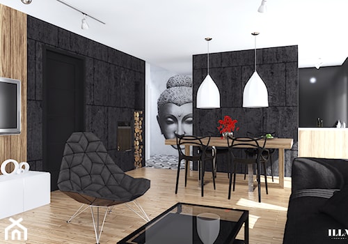 Mieszkanie w czarno - białych tonacjach - Średni biały czarny salon z kuchnią, styl nowoczesny - zdjęcie od Illa Design