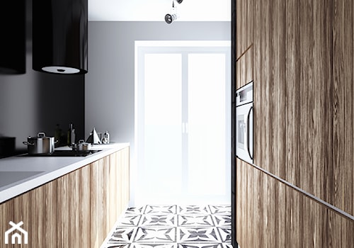 Mieszkanie w czarno - białych tonacjach - Średnia czarna z zabudowaną lodówką kuchnia dwurzędowa, styl nowoczesny - zdjęcie od Illa Design