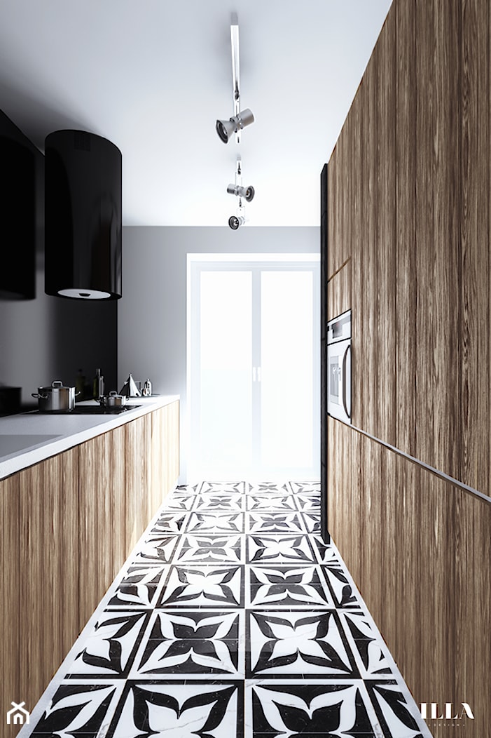 Mieszkanie w czarno - białych tonacjach - Średnia czarna z zabudowaną lodówką kuchnia dwurzędowa, styl nowoczesny - zdjęcie od Illa Design - Homebook