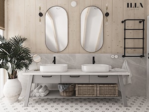 Projekt wnętrz drewnianego domu - Średnia z lustrem z dwoma umywalkami łazienka z oknem, styl rustykalny - zdjęcie od Illa Design