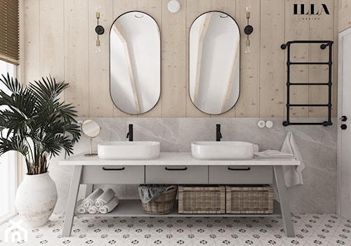 Projekt wnętrz drewnianego domu - Średnia z lustrem z dwoma umywalkami łazienka z oknem, styl rusty ... - zdjęcie od Illa Design