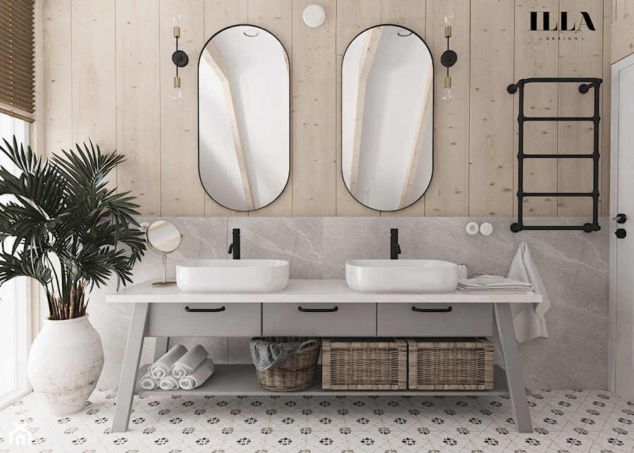 Projekt wnętrz drewnianego domu - Średnia z lustrem z dwoma umywalkami łazienka z oknem, styl rusty ... - zdjęcie od Illa Design