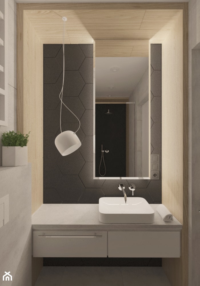 Mieszkanie nowoczesne, beton+drewno - Bez okna z punktowym oświetleniem łazienka, styl skandynawski - zdjęcie od Illa Design