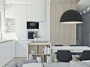 Mieszkanie w skandynawskim stylu - Średnia z salonem z kamiennym blatem biała z zabudowaną lodówką z podblatowym zlewozmywakiem kuchnia w kształcie litery l z wyspą lub półwyspem z oknem, styl skandynawski - zdjęcie od Illa Design