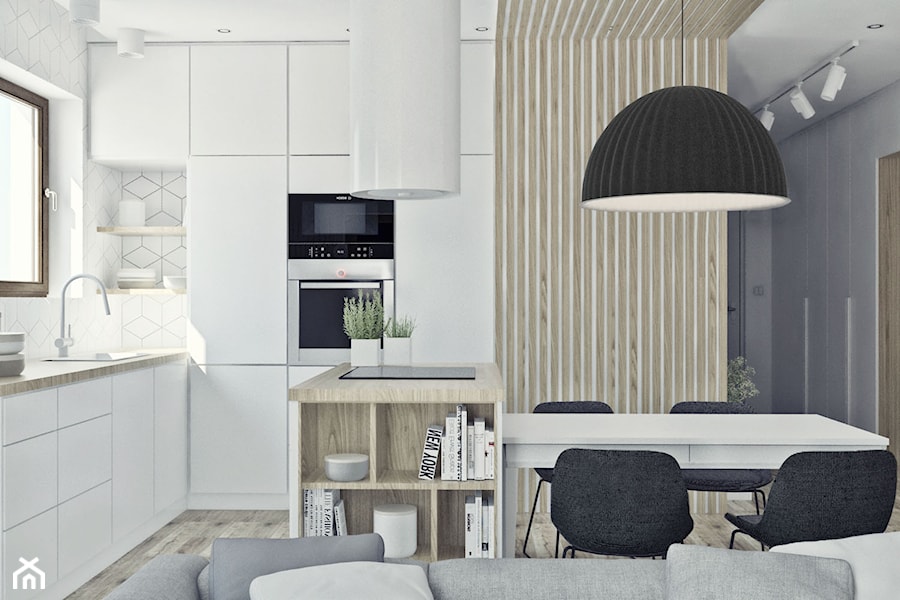Mieszkanie w skandynawskim stylu - Średnia z salonem z kamiennym blatem biała z zabudowaną lodówką z podblatowym zlewozmywakiem kuchnia w kształcie litery l z wyspą lub półwyspem z oknem, styl skandynawski - zdjęcie od Illa Design