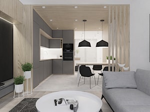 Mieszkanie nowoczesne, beton+drewno - Średnia otwarta z salonem biała z zabudowaną lodówką z lodówką wolnostojącą z nablatowym zlewozmywakiem kuchnia w kształcie litery l z marmurem nad blatem kuchennym, styl nowoczesny - zdjęcie od Illa Design