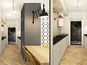 Jodełka Francuska - Średnia otwarta biała szara z zabudowaną lodówką z podblatowym zlewozmywakiem kuchnia dwurzędowa, styl skandynawski - zdjęcie od Pracownia InSide