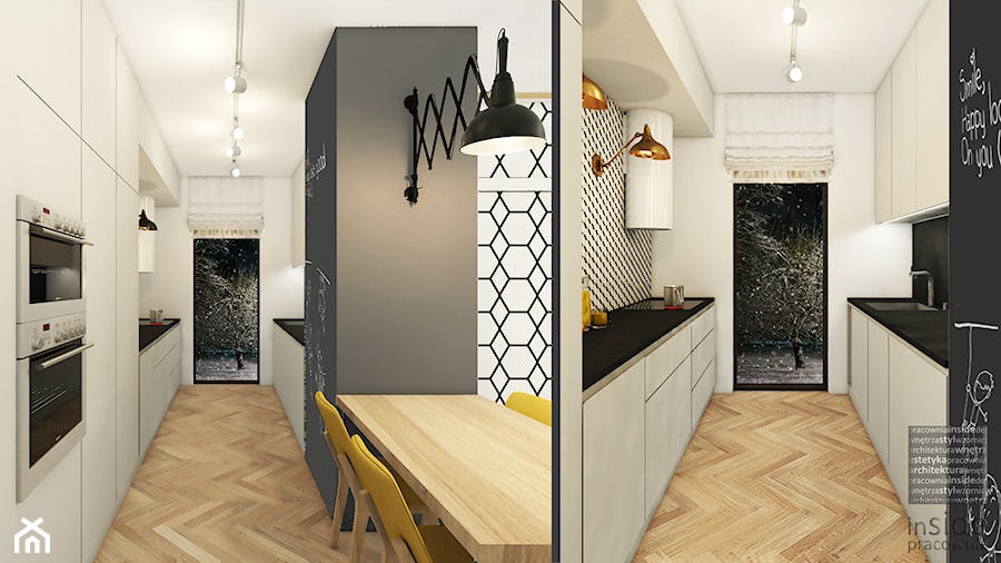 Jodełka Francuska - Średnia otwarta biała szara z zabudowaną lodówką z podblatowym zlewozmywakiem kuchnia dwurzędowa, styl skandynawski - zdjęcie od Pracownia InSide
