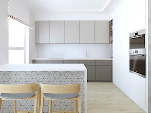 Eleganckie wnętrze - Średnia otwarta biała z zabudowaną lodówką z podblatowym zlewozmywakiem kuchnia w kształcie litery l z wyspą lub półwyspem z kompozytem na ścianie nad blatem kuchennym, styl nowoczesny - zdjęcie od Pracownia InSide