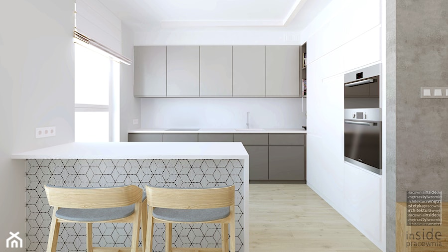 Eleganckie wnętrze - Średnia otwarta biała z zabudowaną lodówką z podblatowym zlewozmywakiem kuchnia w kształcie litery l z wyspą lub półwyspem z kompozytem na ścianie nad blatem kuchennym, styl nowoczesny - zdjęcie od Pracownia InSide