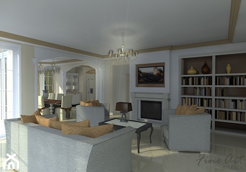 Duży biały szary salon z kuchnią z jadalnią z bibiloteczką, styl tradycyjny - zdjęcie od FineArtStudio