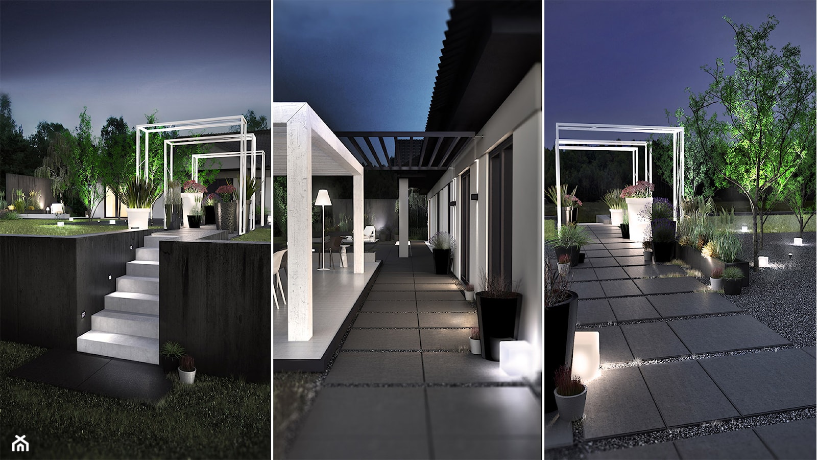 Zagospodarowanie terenu -M- Duży z lampami stojącymi ogród za domem z pergolą, styl nowoczesny - zdjęcie od galantywarsztat - Homebook