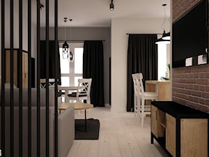 ODROBINA SKANDYNAWII - Mały biały szary salon z kuchnią z jadalnią z tarasem / balkonem z barkiem, styl skandynawski - zdjęcie od TAKE [DESIGN]