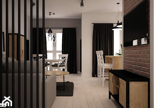 ODROBINA SKANDYNAWII - Mały biały szary salon z kuchnią z jadalnią z tarasem / balkonem z barkiem, styl skandynawski - zdjęcie od TAKE [DESIGN]