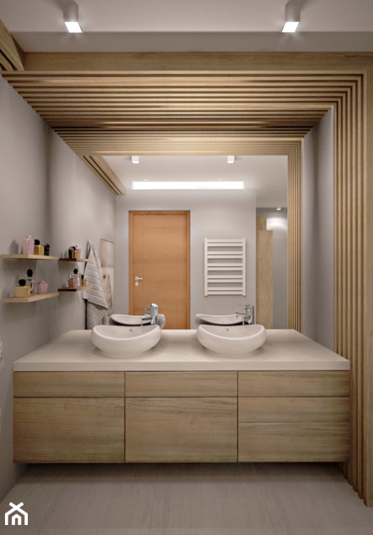 PRZESTRONNA ŁAZIENKA - Średnia z dwoma umywalkami z punktowym oświetleniem łazienka, styl nowoczesny - zdjęcie od TAKE [DESIGN]