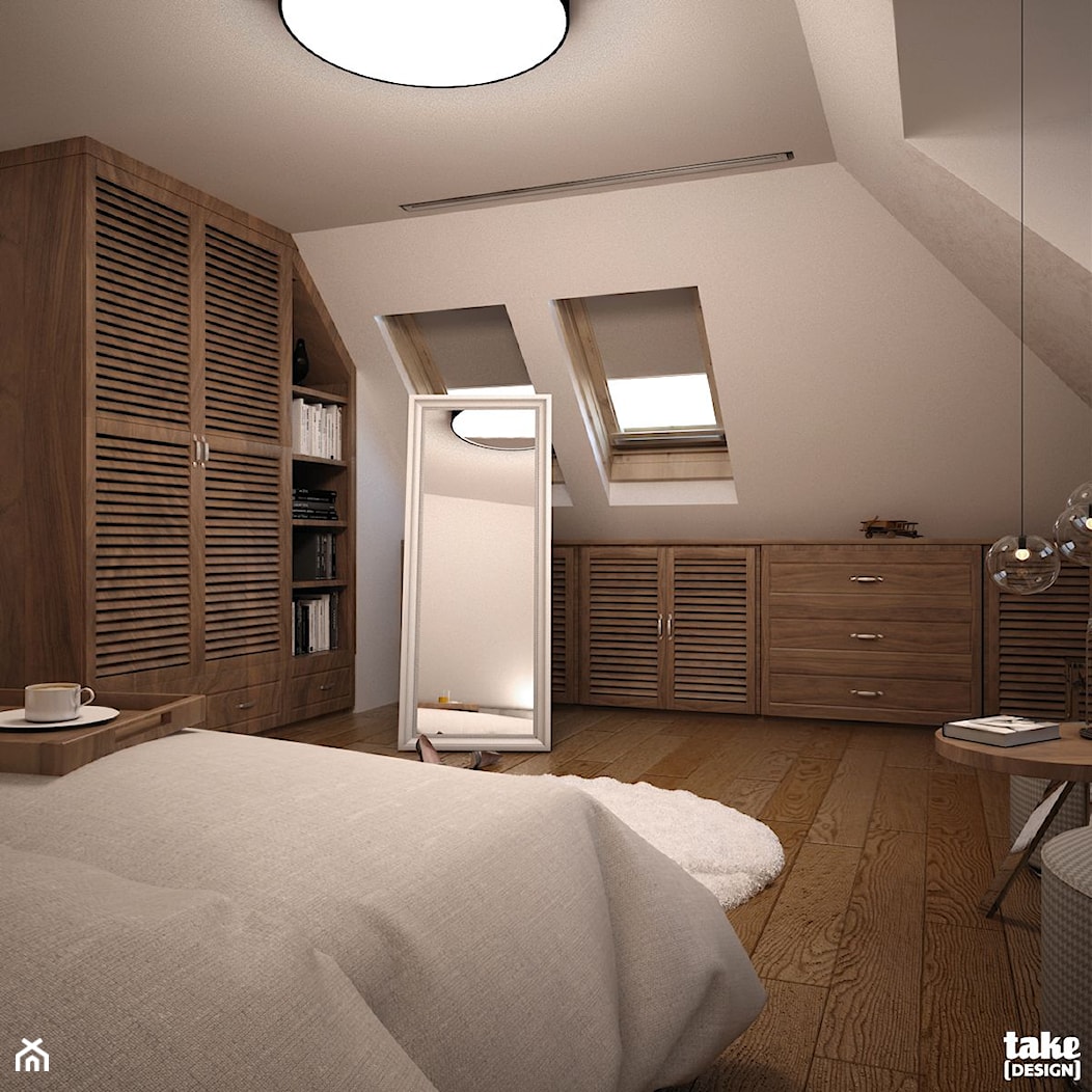 SYPIALNIA NA PODDASZU - Mała beżowa sypialnia na poddaszu, styl tradycyjny - zdjęcie od TAKE [DESIGN] - Homebook