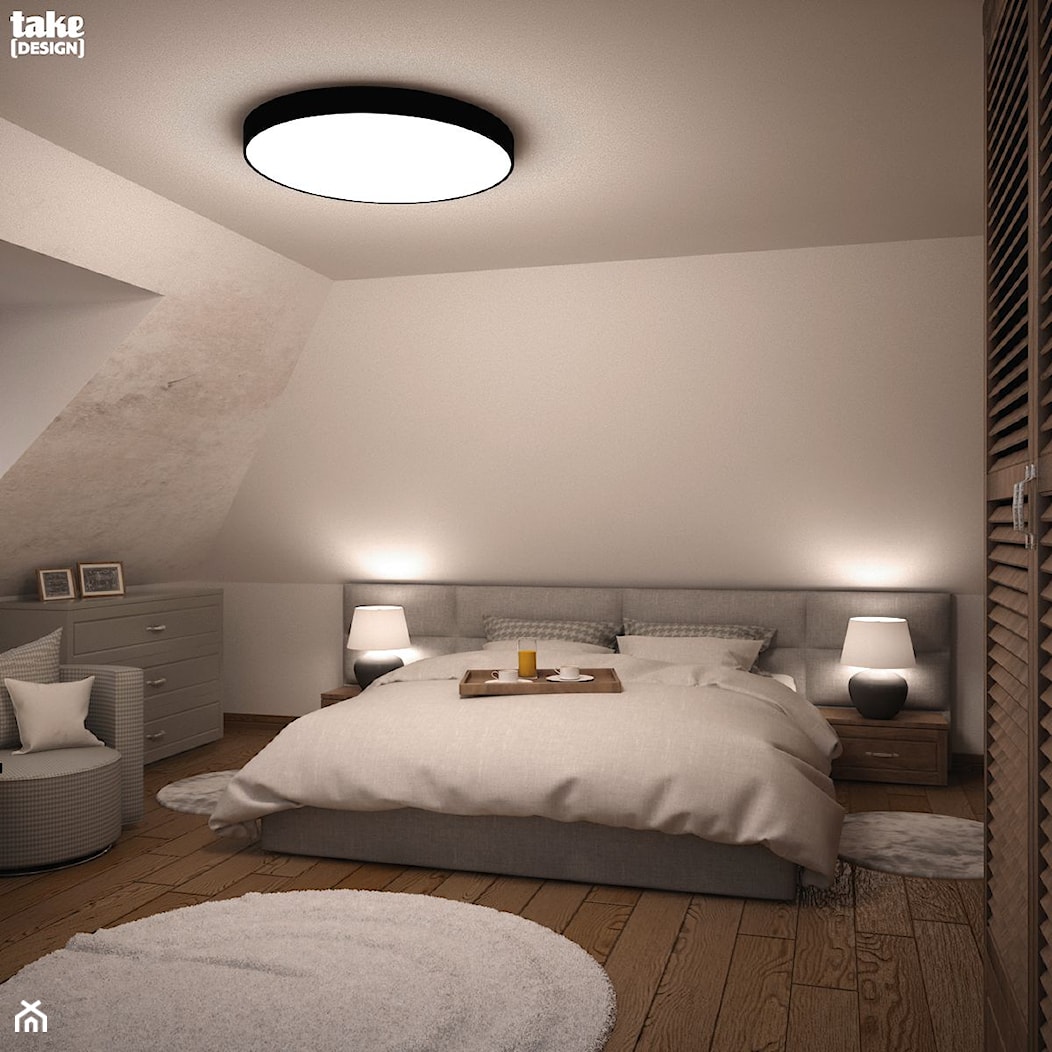 SYPIALNIA NA PODDASZU - Średnia biała szara sypialnia na poddaszu, styl tradycyjny - zdjęcie od TAKE [DESIGN] - Homebook