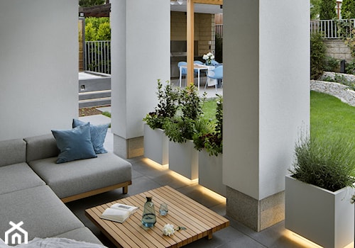 Bliżej świata - Średni z meblami ogrodowymi z donicami na kwiaty taras z tyłu domu, styl nowoczesny - zdjęcie od HOLA DESIGN
