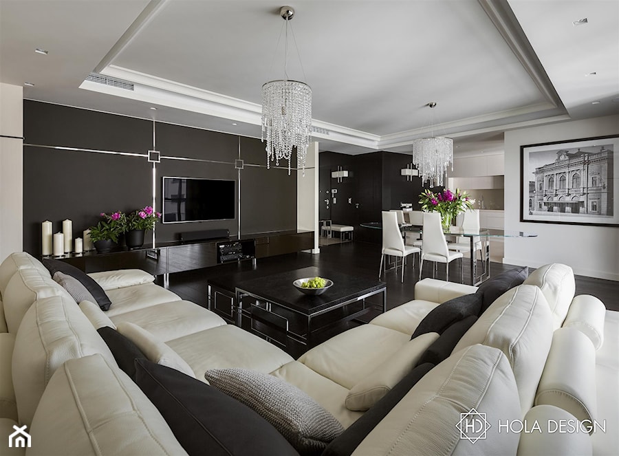 HOLA_27 - Duży biały czarny salon z kuchnią z jadalnią, styl nowoczesny - zdjęcie od HOLA DESIGN
