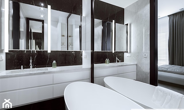 lustro łazienkowe z podświetlanymi bokami, czarna ściana w łazience, wanna wolnostojąca