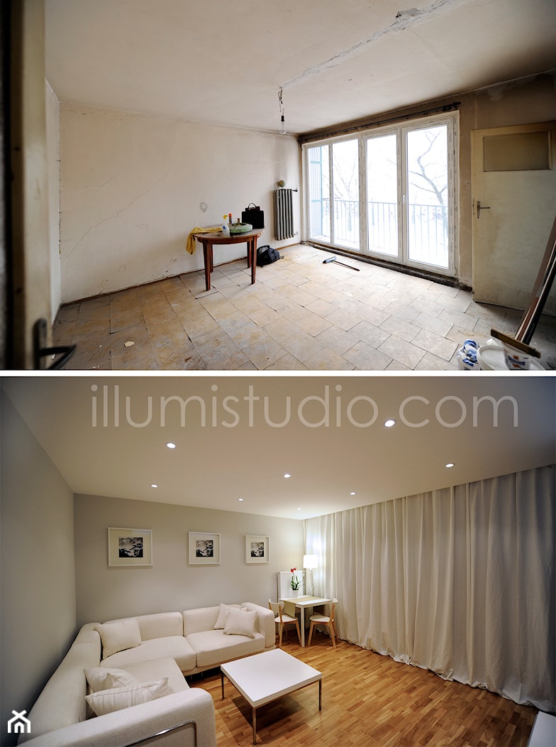 MIESZKANIE W BLOKU - zdjęcia z realizacji - metamorfoza 36 m2 w bloku. - Duży biały salon z jadalnią, styl minimalistyczny - zdjęcie od ILLUMISTUDIO - Homebook