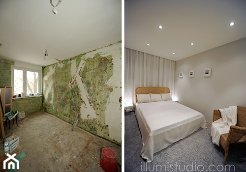 MIESZKANIE W BLOKU - zdjęcia z realizacji - metamorfoza 36 m2 w bloku. - Średnia szara sypialnia, styl minimalistyczny - zdjęcie od ILLUMISTUDIO