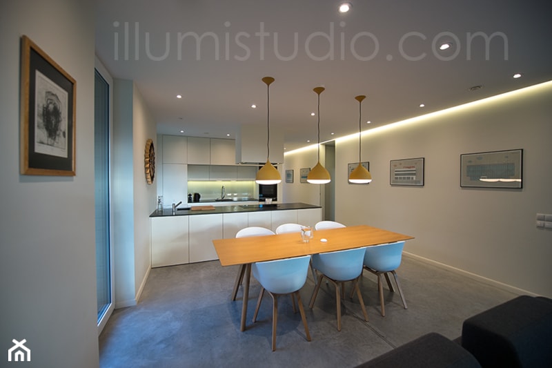 WNĘTRZA - zdjęcia z realizacji - Średnia beżowa jadalnia w salonie w kuchni, styl minimalistyczny - zdjęcie od ILLUMISTUDIO - Homebook