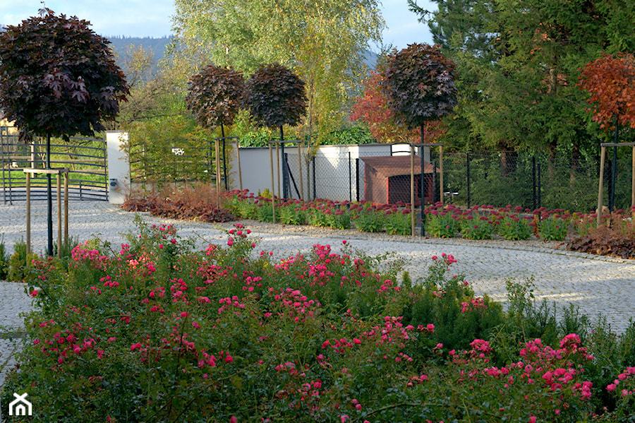 Ogród w górach - Średni z nawierzchnią pokrytą kostką brukową ogród przed domem - zdjęcie od Pracownia Projektowa Architektury Krajobrazu Januszówka