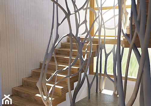 Projekt wnętrz - Schody dwubiegowe wachlarzowe drewniane betonowe, styl nowoczesny - zdjęcie od Pracownia Projektowa Architektury Krajobrazu Januszówka